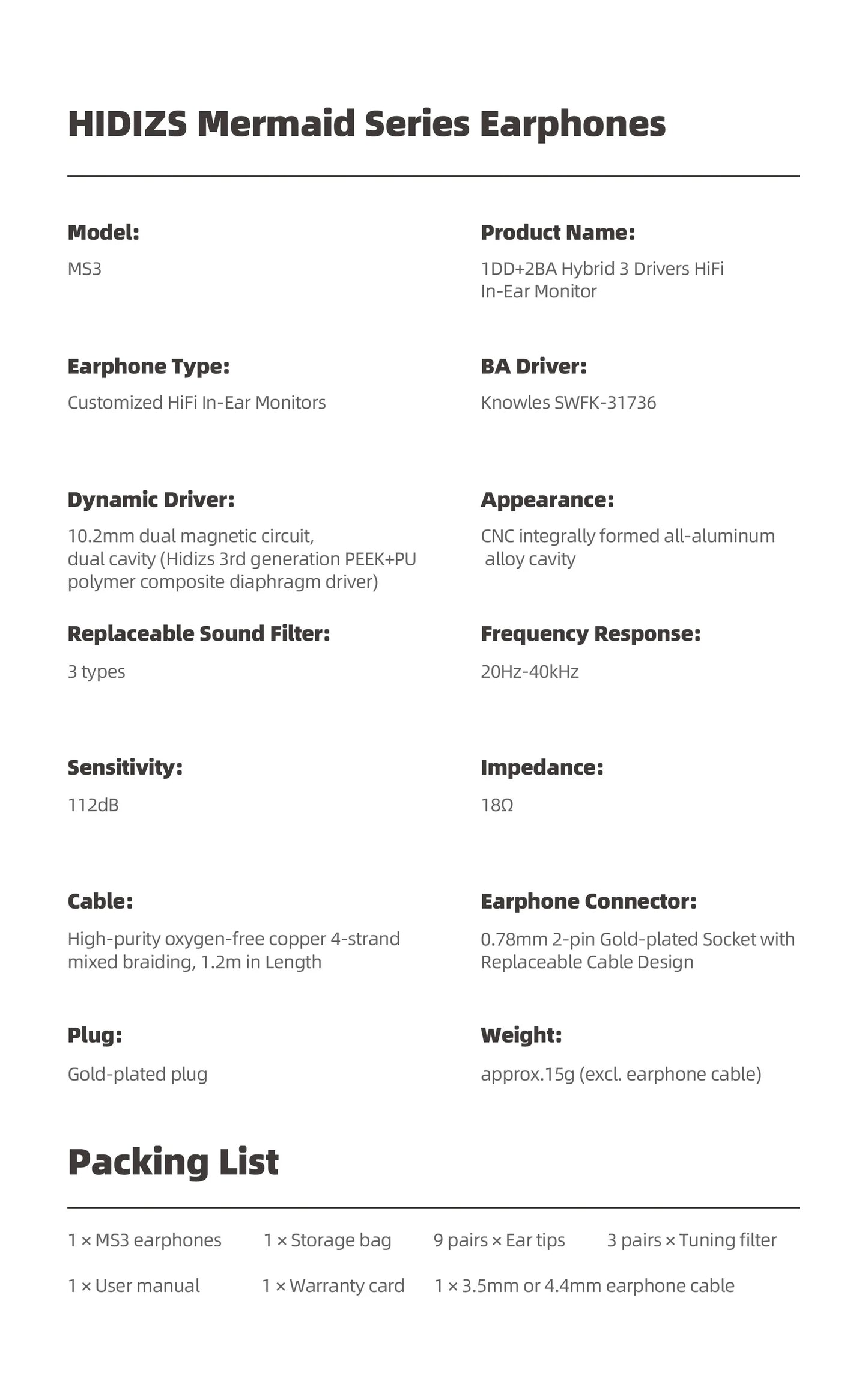 Hidizs MS3 Hybrid 3 Drivers In-Ear Monitor Earphone with CM 2-PIn Cable