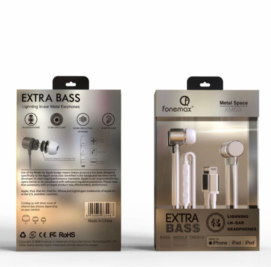 Fonemax XM50i Extra Bass MFI Certified Lightning Earphone with Microphone for Apple iPhone iPad iPod