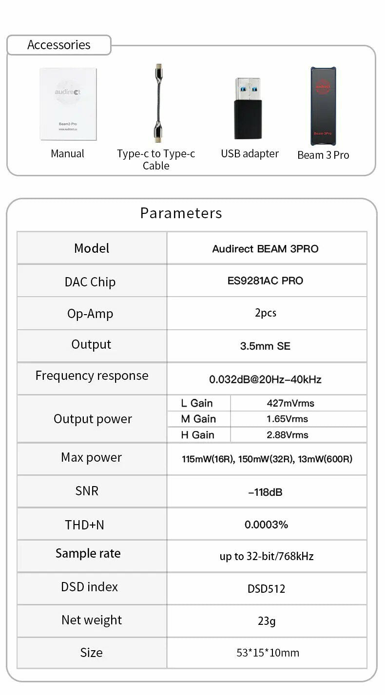 Audirect Beam 3 Pro DAC Adapter Amplifier for Type-C with 3.5mm Plug with 600Ω output