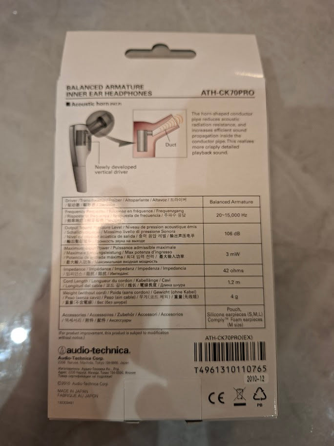Audio-Technica ATH-CK70 PRO Balanced Armature Inner Ear Earphone 3.5mm Plug Made In Japan