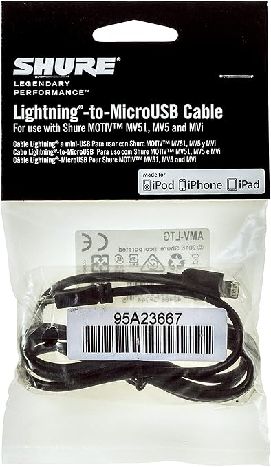 SHURE AMV-LTG Lightning to Micro-USB Cable 1m Length for MV7 MOTIV MV88+ MV5 MV51 MVi