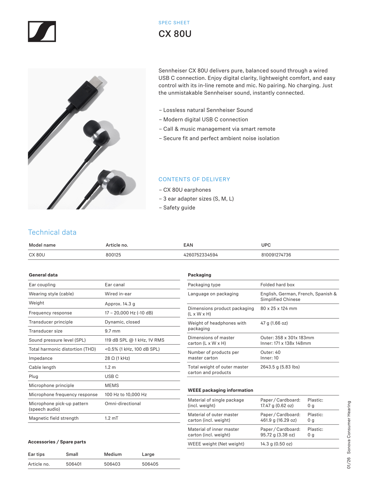 Sennheiser CX80U USB-C Wired In-Ear Earphone with In-Line Microphone for Smartphone PC Computer