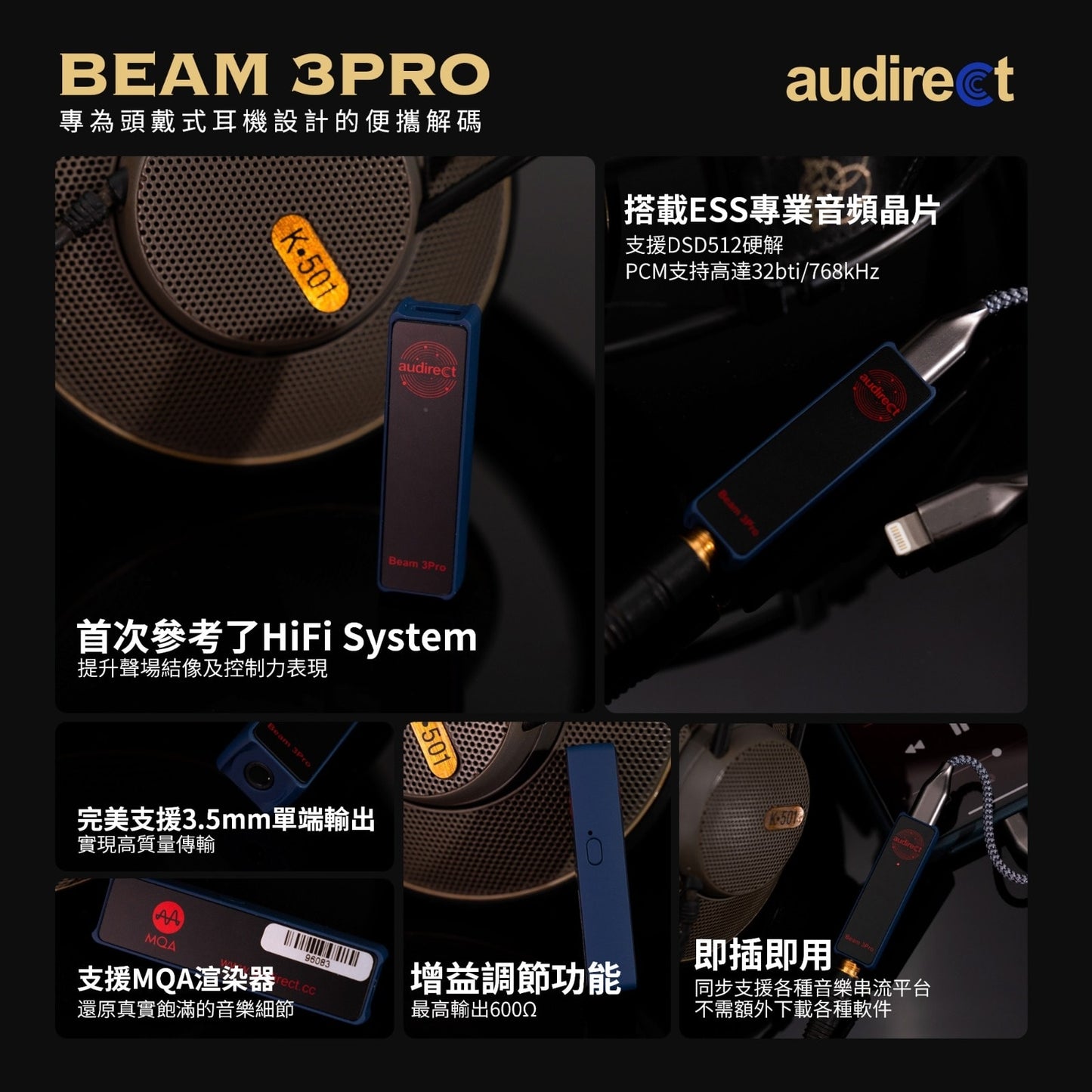 Audirect Beam 3 Pro DAC Adapter Amplifier for Type-C with 3.5mm Plug with 600Ω output